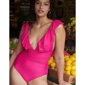 NWT J. Crew Women's Plunge V-Neck Pink Ruched Ruffle One-Piece Swimsuit‎ Size 4